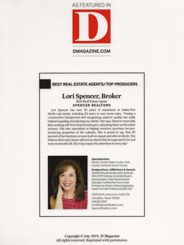 Spencer Realtor Top Producer D Magazine 2019